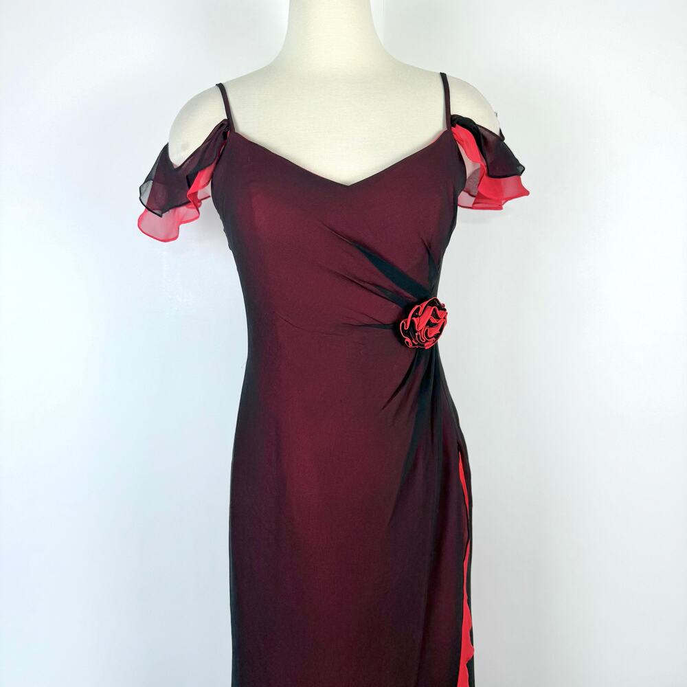 Dolce Jovani Silk Maxi Slip Dress Layered Black/Red Size 10 Vintage Whimsical - Picture 3 of 14